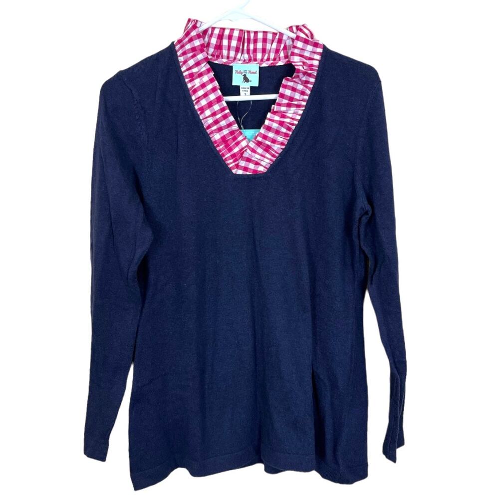 NEW Haley and the Hound Navy Blue Sweater Ruffle Collar Pink White Women's Small